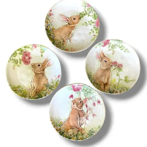 Southern Living Bunny 8.5” Salad Plate 4Pc Glazed Ceramic Bunnies Flowers Easter - Picture 1 of 10